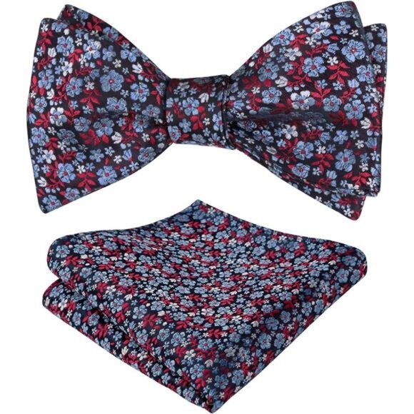 Mens Floral Self-tied Bow Tie with Pocket Square Colorful Tie Set - Picture 1 of 5